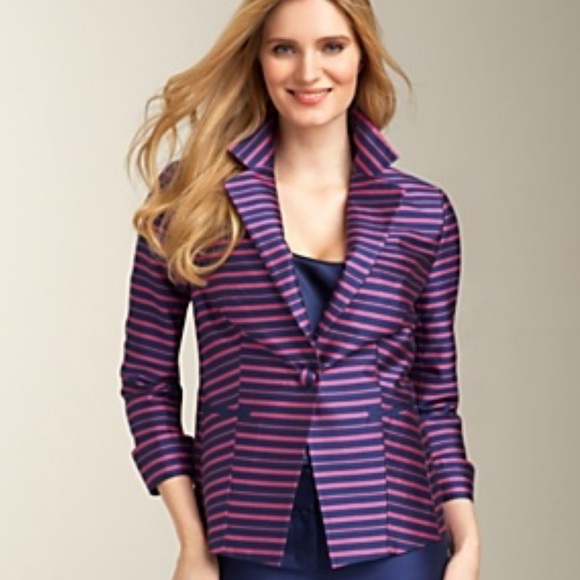 Talbots Grace Fit Pink Navy  Stripe Doupioni Silk Blend Blazer - Picture 1 of 8